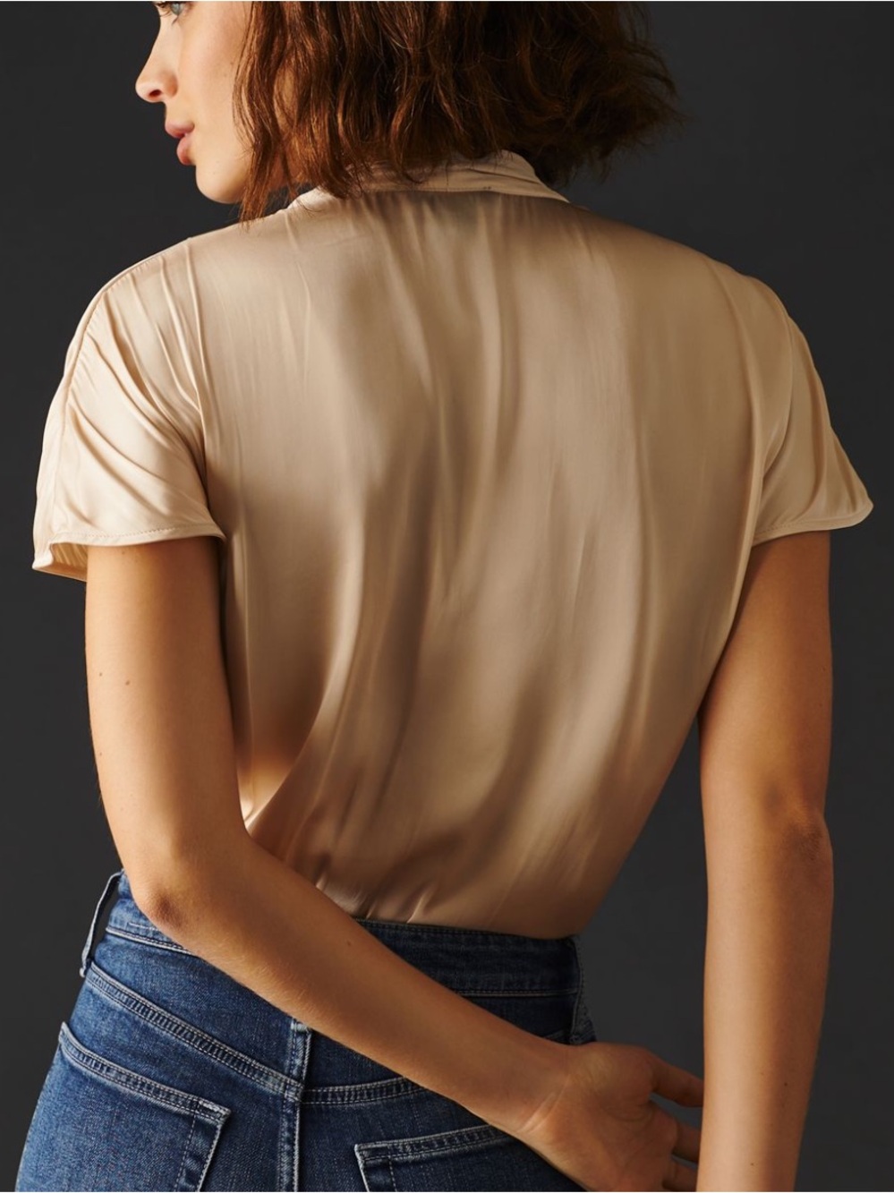 Paige Dijon Bodysuit Champagne Satin Drape Neck Short Sleeve Size Large ECRU - Picture 2 of 14